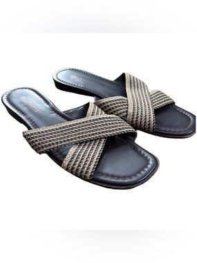 Eric Javitz Raffia Woven Cross-Strap Women’s Slide Sandals - Black & Beige